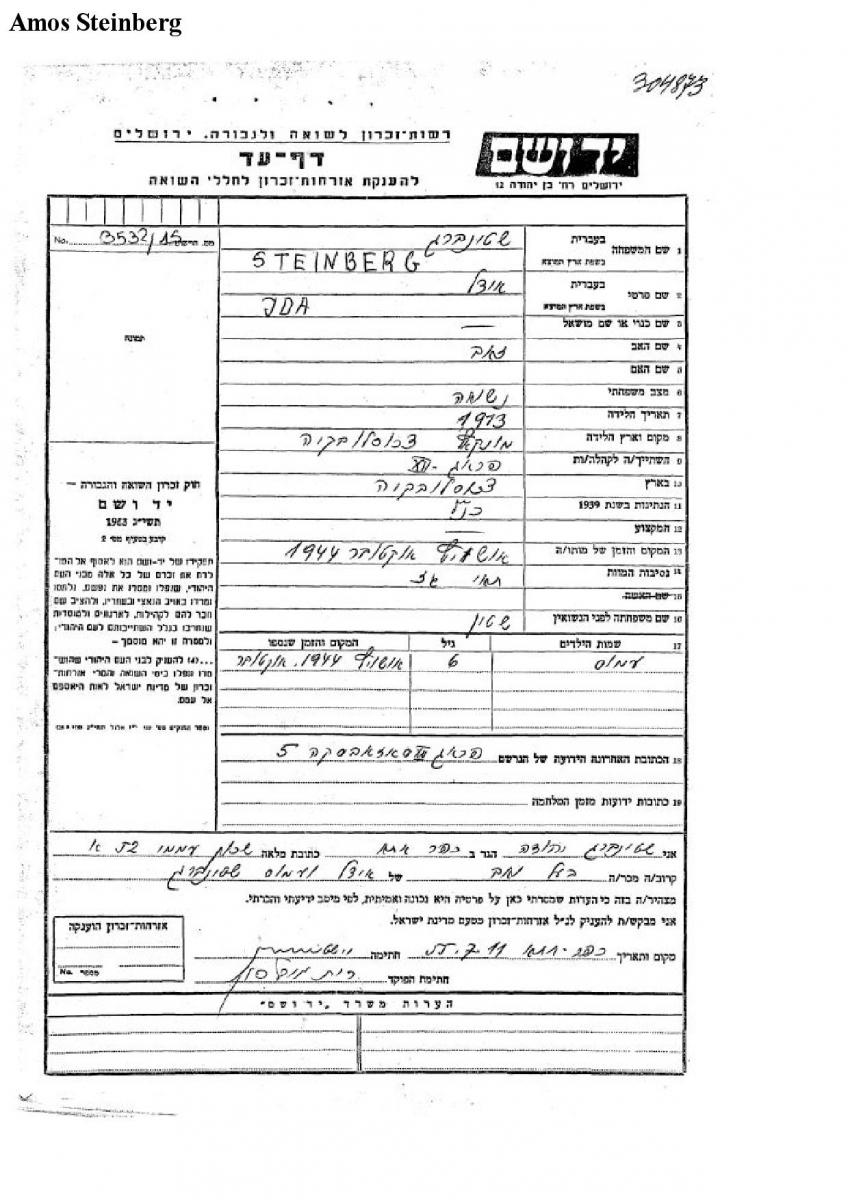 Page of Testimony for Ida Steinberg and her son Amos filled out by Yehuda Steinberg Shinan